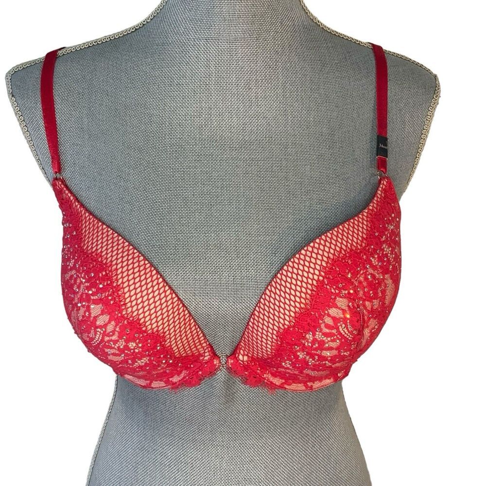 Victoria's Secret Very Sexy Hot Pink Push Up 34DD Bra Fishnet‎ Lace Bling READ